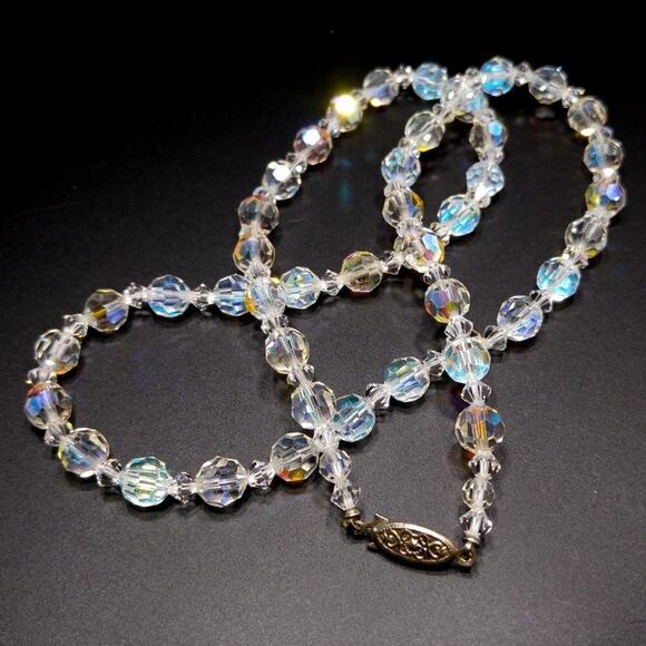 Vintage Crystal Aurora Borealis Beaded Necklace, Wedding Beads, 1960s, 24 Inch - Picture 3 of 7